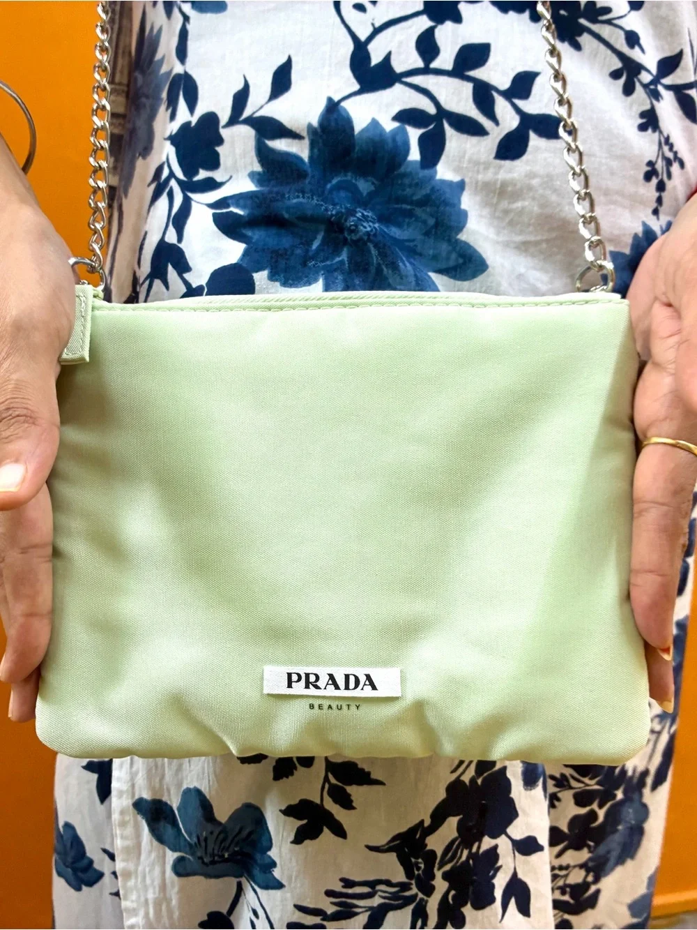 Classic and clean!Prada Beauty Mint Green Crossbody Bag with Chain Strap
